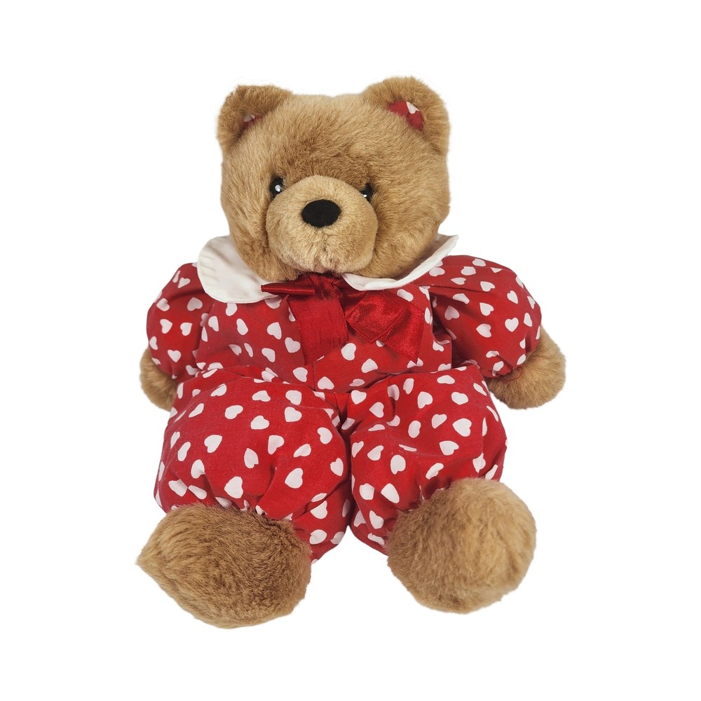 Vintage Style Plush Teddy Bear Red Romper White Heart Print Valentine 9 Inch